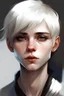 Placeholder: woman, pale skin tone, opened mouth, white hair in a longish bowl cut with whisps in front of his ears, face is thin with high cheekbones and deep blue eyes. lean build that suggests he doesn't engage in a lot of physical activity. He is of average attractiveness with a boyish face.