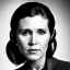 Placeholder: realistic analog style photography, Beautiful photorealistic close up face of carrie fisher, soft ethereal skin, symmetrical short hairstyle,studio lighting, sharp brown eyes, dark plain background