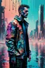 Placeholder: an impasto and tint line photo of a sad (cyberpunk:1.7) tall man standing in front of a city made of water, ink leak, bronze - skinned, (front view:1.6), geometric curves, featured art, philosophical splashes of colors, art brought to life, soul shock, moderate glitch patterns, smart jacket