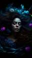 Placeholder: A portrait of a woman floating in a dark void, eyes closed painterly style, masterpiece dark colors with bioluminescent highlights. Floating wavy hair, Elegant botany and flowers. Smoke fractals, hauntingly beautiful
