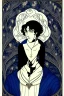 Placeholder: young black haired blue eyed wizard in the style of aubrey beardsley