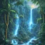 Placeholder: turquoise neon waterfall with palm trees sparkling at night in a cave detailed realistic glowing