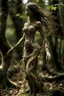 Placeholder: Deep in the heart of an ancient woodland, where nature's tendrils guard their most secret mysteries, a wondrous transformation has taken place. A female figure has been born from the symbiosis with a vast underground fungal mycelium - an organic sculpture woven from millions of tiny spores and delicate fungal threads. Her central body consists of a dense lattice of thread-like hyphae, intertwining to form a slender, graceful silhouette. The fine threads enwrap her torso and limbs in a hypnotic