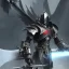 Placeholder: Human male Winged Warrior Knight in black metal mech armor wielding two swords ready to fight, symetrical, centered, rage, sorrow, high definition, ultra 8K, volumetric lighting, blue fire, fog, extremely detailed, hyper realistic