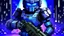 Placeholder: Crea una escena para perfil de facebook donde se vean los juegos halo y Minecraft siendo representados con personajes con el estilo artístico de su juego en cuestión, y que el personaje principal sea un grunt y a los lados un soldado odst con espadas de Minecraft, con una mezcla de colores de morado, azul, negro y blanco