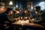 Placeholder: Smoky pub, cheerful young men drinking around a table, a policeman looking thoughtfully at the ID card of one of the boys, lamplight