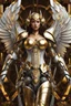 Placeholder: Full body Lady Angel cyborg straddle wings, using traditional armor,detailed, intricate,gears cogs cables wires circuits, gold silver chrome copper,abstract background