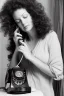 Placeholder: A beautiful woman with curly brown hair, a pensive expression, holding in one hand an old dial phone with the cord wrapped around her body, in a luxurious room in sunshine