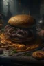 Placeholder: Bosch nightmares paint inf style Title: a hamburger sandwich , intricate insanely detailed octane render trending on artstation, 8k artistic photography, photorealistic concept art, soft natural volumetric cinematic perfect light, chiaroscuro, award-winning photograph, masterpiece, oil on canvas, Raphael, Caravaggio, Greg Rutkowski, people, beksinski, Giger
