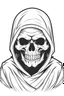 Placeholder: line art drawing of a skull wearing a hoodie. The hoodie has the outline shape of a ghost.