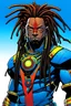 Placeholder: Picture of a black superhero with dreadlocks, his suit similar to comic book Kid Flash but his main colors should be Grey and blue. The tips of his dreadlocks should be died blue, and his lighting should be blue