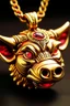 Placeholder: A pendant for a necklace, big Pumbaa from the lion king in gold with big tusks , eyes made of ruby