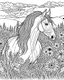 Placeholder: A horse with a flowing mane visiting a meadow. coloring page adult