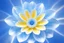 Placeholder: cosmic open flower light blu and white with yellow in the inside. it's glossy and as a crystal. the background is a light sky