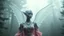 Placeholder: a photorealistic grey alien angel translucent transparent, surrealism, fog, octane render, cinematic, futuristic outfit, haute couture, exotic jewerly, blue pink, forest background