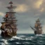 Placeholder: Their pirate ships fight each other at sea. Firing cannons.