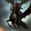 Placeholder: Dark black wearing pirate riding a horse that has a wing and it face looks dragon