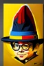 Placeholder: Gustavo Petro, comic style artwork, dark yellow, black, red and blue, with wide-brimmed hat, with white shirt, calm, chibi