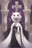 Placeholder: (anthropomorphic white ferret),dressed in ((cleric fantasy)) black clothes with silver holy ornaments, realistic anatomy, holy symbols around, serious face, hold holy cross symbol, tired face, in the style of LOISH, look at the vivewer, cute face, fantasy inspire, fantasy church on background with sunshine, gloomy atmosphere, high angle shot, purple armband