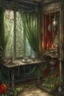 Placeholder: english watercolor, witch's boudoir, mirror, curtains, cobweb, filigree, dried flowers, textiles, candle, magical lighting effect, fairy tale illustration, fine drawing of details with colored pencils, grunge, high resolution, high detail, dark fantasy, dark botanical, beautiful, ISO 100, pixel graphics, hdr, emerald colors, beige, red, deep blue, umbra, grey, dusty rose, gold