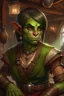 Placeholder: Dungeons and dragons orc woman. She has green skin. She is kind. She is handsome. She has nice eyes. She has short hair. She is strong. She is in a tavern. She has broad shoulders. She has a large jaw. She wears casual peasant clothes. Realistic style