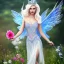 Placeholder: Fantasy fairy with transparent wings, smiling, make up, long platinum blond hair with crown and flowers, blue dress, flower background