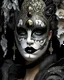 Placeholder: Beautiful woman portrait adorned with át nouveau palimpsest carnival of venice style costume and masque ribbed with black obsidian, black onix, light beige egg shell colour and sivwr black bioluminescense art nouveau palimpsest mineral stones and black stone masque and costume white Gloss glittering silver and irridescent chrystals and white and black makeup on art nouveau palimpsest organic bio spinal ribbed detail. Of carnival of venice bokeh background with lights extremely detailed hyperreal