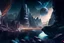 Placeholder: Rocky alien landscape with cliff, river, galaxy, sci-fi, epic