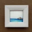 Placeholder: tiny oil painting of tiny seaside village, plain white background, solid white background, tiny white canvas, tiny white frame, melancholy, tender, moody, vintage, delicate arrangement, beautiful composition, etsy, aesthetic layout, plain solid white background