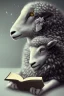 Placeholder: one black sheep reads a book on other site white sheep herd sleep