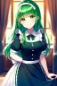 Placeholder: girl, masterpiece, best quality, cinematic lighting, detailed outfit, perfect eyes, green hair, long hair, green eyes, hime cut, straight short bangs, maid, indoors, smiling, hairclip,