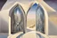 Placeholder: a surreal gothic_arab glass gate with a view of an old English city by artist "Zaha Hadid",by artist "Leonora Carrington"