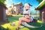 Placeholder: Farm, green grass, house, girl,white hair , sit on grass, cow's tail, cow's horne , cow's under, pink stomach, sweats,breast