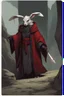 Placeholder: Male rabbitfolk with grey fur wearing blood red and black robes in a fantasy setting, sorcerer of death