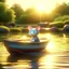 Placeholder: cute blessed chat robot sailing on a fishlike boat in the river,catching a big fish in a river stream, 8k, downlight, soft light, depth of field, photorealism, trending on art station, lotsa detail