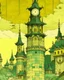 Placeholder: A pale greenish yellow glimmering castle with clocks and hourglasses painted by Utagawa Hiroshige