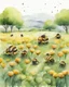 Placeholder: bees and hives on a green flower field, watercolor drawing