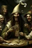 Placeholder: Jesus and some pirates friends smoking and playing cards, davinci. Surreal. Agony face, smile, scream.