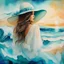 Placeholder: Alcohol ink art. Vibrant, fantasy, delicate, ethereal. Sailboat. Shades of blue, teal, aqua, turquoise, white. waves on shore. Sun. Woman, big hat. Background ink drip.