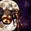 Placeholder: android one man band, full moon background center large, steampunk style,