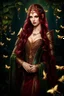 Placeholder: Burgundy hair, dark hair,dark red , rapunzel hair,very long hair,dark fairy princess,elven crown,night,dragonflies,beautiful,ong ashes,golden armor ,sparkle,night blooming,ivy,dark green,lilly of valley,golden elven crown,elven warrior,dark gold armor,extremely long hair