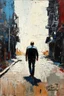 Placeholder: Abstract of a distant Man walking down empty street minimalist art in the style of Paul Klee with grunge textures and heavy impasto textures