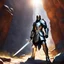 Placeholder: The hero, clad in plate armor and wielding a zweihandsword, stands guard at the narrow passage in the canyon. The sun beats down mercilessly, casting harsh shadows across the rocky terrain. The hero's armor gleams in the sunlight, a beacon of strength and determination. His grip tightens on the hilt of his massive sword, ready to face whatever may come.
