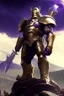 Placeholder: Thanos, the commander of the army of aliens and the king of the entire galaxy, is ready to go on a campaign with his two large swords, his very beautiful and impenetrable armor with his golden helmet, standing on top of a hill with his sword with infinity gauntlet