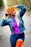 Placeholder: blonde taking selfie.thick thighs,thick calves,flat belly,curvy fell. New kind of bolero is sewed of upcycled Denim, which condescend. It is sewed together of camouflage pieces, whose color are all denim colors, orange, cream and purple. Big colored headphones (gold rings!) is merged with small felt cap with small visor. It is with big bright purple felt tippet and birght-colored-hood is merged with colorful beanie. Style: Haute Couture, 1980's Finland, N.Y.C fashion in 2023