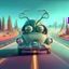 Placeholder: a cartoon alien driving a car down a road, a character portrait by Mike Winkelmann, featured on cgsociety, pop surrealism, rendered in cinema4d, daz3d, behance hd