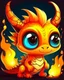 Placeholder: cartoon illustration: a cute little fire dragon with big shiny eyes. The dragon has big wings.