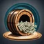 Placeholder: hand depositing money in the barrel, a wooden barrel : 1.5 ) money goes in from above and money comes out from below, ultra quality, vector graphics