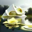 Placeholder: House by a lake water plants and yellow flowers Zaha Hadid style white ink art creamy glasses creative hyper-detailed 8k