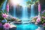 Placeholder: una cascata magica di acqua turchese di un altro pianeta con natura e fiori rosa e azzurri e cristalli e gemme in giardino con una colonna di luce e cielo aperto luminoso.
